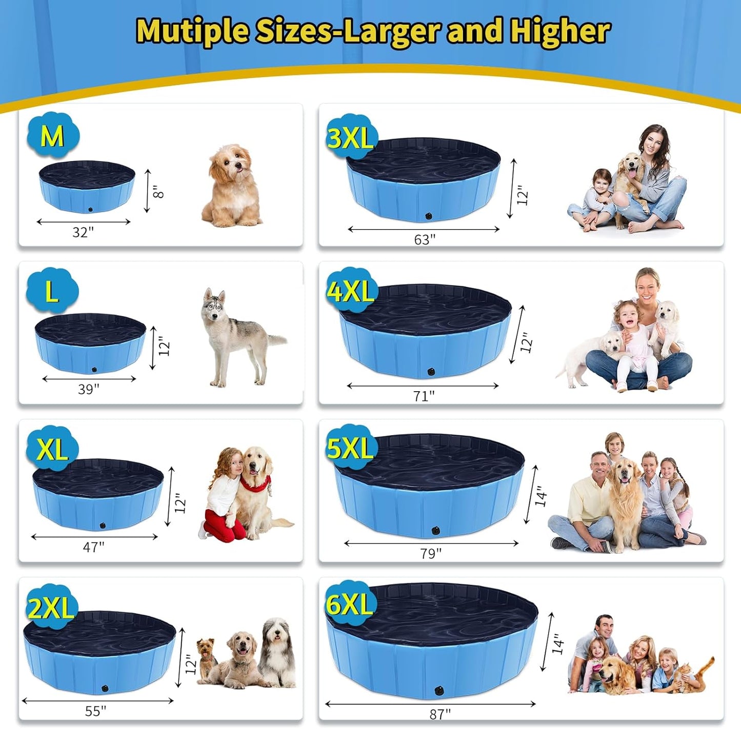 Foldable Dog Pool, 47" x 12" Kiddie Pool with Hard Plastic, Non-Slip Dog Bath Tub for Outdoor Backyard, Collapsible Dog Swimming Pool for Kids Dogs Pets (Blue)