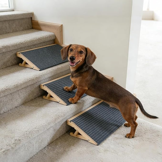 Adjustable Dog Ramp for Stairs, Foldable Wooden Dog Steps Anti-Slip | 3 Pack, Switch 4.3" or 5.5" Height, No Assembly, Gentle on Joints, for Senior & Injured Dogs, Natural Wood, 170 lbs
