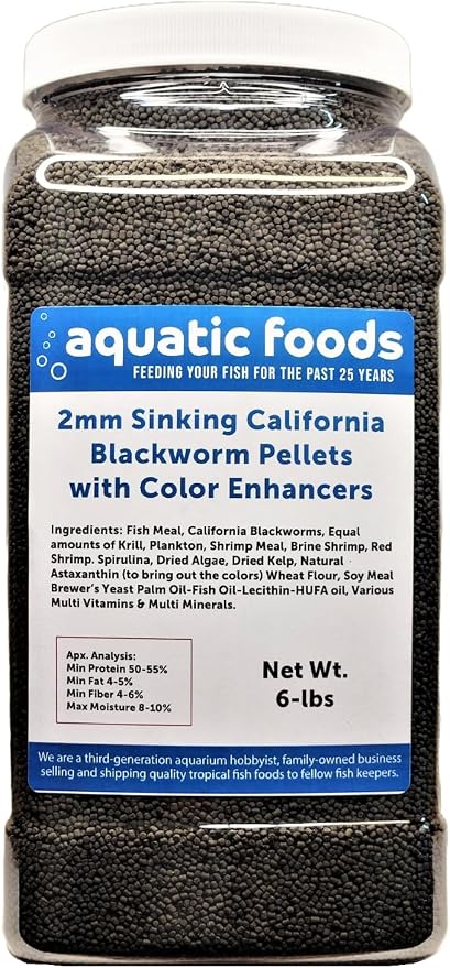 2mm Sinking Blackworm Pellets with Color Enhancers & Vitamins for Shrimp, Snails, Crayfish, Catfish, All Bottom Grazers, Small Discus, Cichlids, Community Fish, Tropical and Pond Fish…6-lb Lg Jar