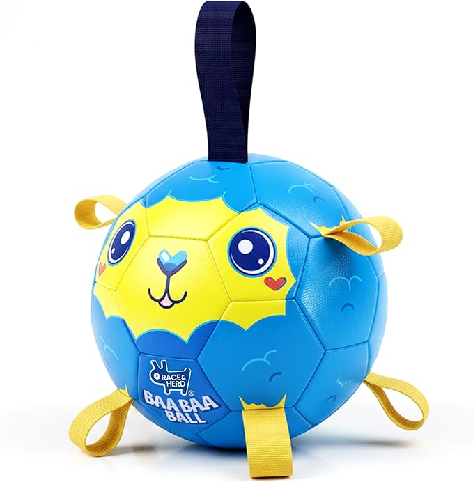 Race&Herd 6" Jolly Soccer Ball for Dogs - Tough Durable Dog Ball Toy with Straps, Pet Bouncy Herding Balls for Dogs, Floating Dog Balls with Tags for Water Fetch, BaaBaaBall (Ocean)