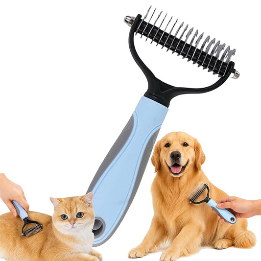 Undercoat Rake Pet Grooming Tool – Double Sided Dematting Comb for Dogs and Cats, Stainless Steel Deshedding Brush for Shedding, Tangles & Matted Fur, for Long Haired & Thick Coat Pets (Blue)