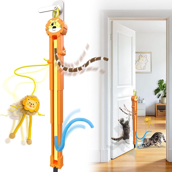 Cat Toys for Indoor Cats, 2 in 1 Door Hanging Cat Toy Interactive Automatic Moving 2 String Tails for Multi-Cat Households, Plush Dangler for Kitten Toys Hide and Seek Motion Activated, 4 Sounds/Off