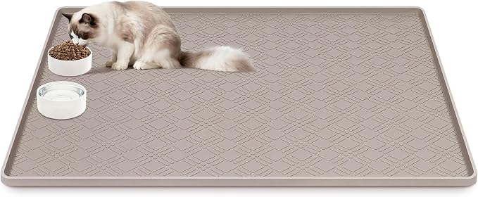 Cat Food Mat, 42" x 29" Large Silicone Mat Cat Feeding Mat with Raised Edge Non-Slip Pet Feeding Mat for Food and Water Bowl, Easy to Clean, Floor Protection (Beige)
