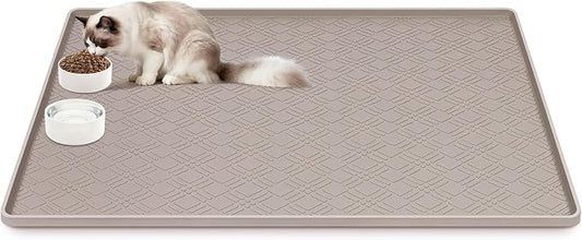 Cat Food Mat, 42" x 29" Large Silicone Mat Cat Feeding Mat with Raised Edge Non-Slip Pet Feeding Mat for Food and Water Bowl, Easy to Clean, Floor Protection (Beige)