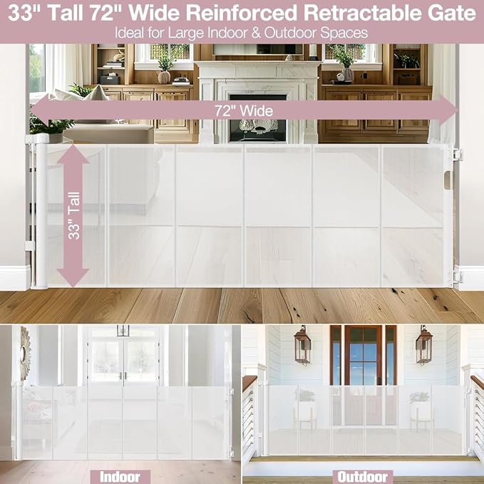 Reinforced 72" Wide Retractable Baby Gate with Rods Prevent Sagging, Retractable Dog Gate Mesh Baby Gate for Doorway, Large Baby Gate Retractable Gates for Dogs, Extra Wide Dog Gates for Stair, White