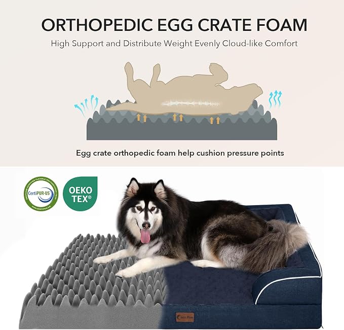 Orthopedic Dog Beds for Medium Sized Dogs 35x22 Inch, Medium Waterproof Memory Foam Dog Sofa Bed with Removable Washable Cover Pet Couch with Bolster, Navy Blue