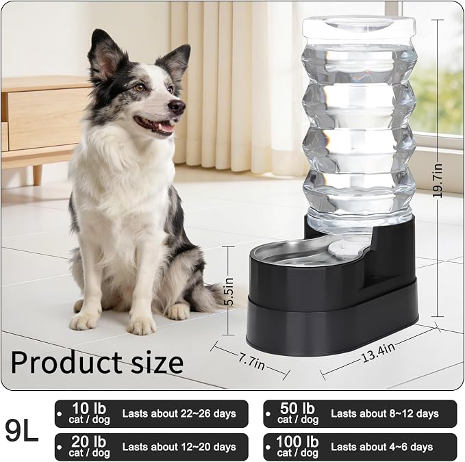 RIZZARI 9L Large Capacity Stainless Steel Pet Water Dispenser – Elevated Gravity Water Bowl with Filter for Healthy Hydration, Anti-Spill Design for Large Dogs, Senior Pets & Indoor Outdoor Spaces