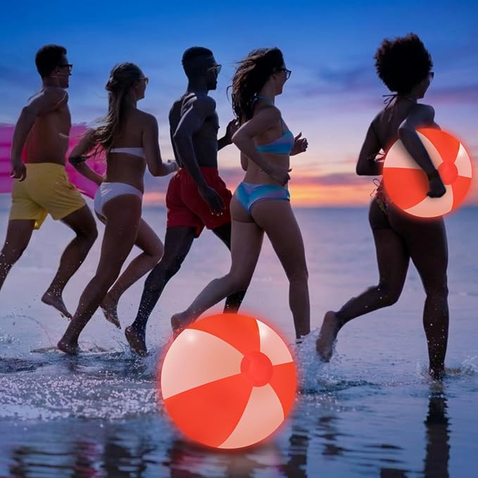 MiniInflat 12 Pcs Light up Beach Balls 16'' Jumbo Pool LED Balls Glow in the Dark Neon Giant Inflatable for Summer Hawaiian Tropical Theme Beach Party Decor Water Accessory (Red)