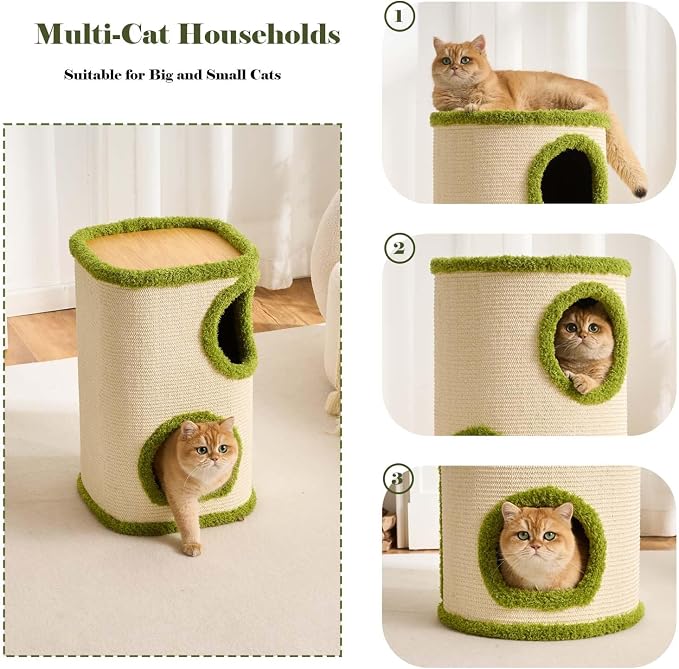 Cat House for Indoor Cats with Scratchable Sisal Material,2 Hideaways & 3 Soft Pads – Sturdy Multi-Level Cat Condo &Space-Saving Furniture for Multiple Pets, Easy to Assemble