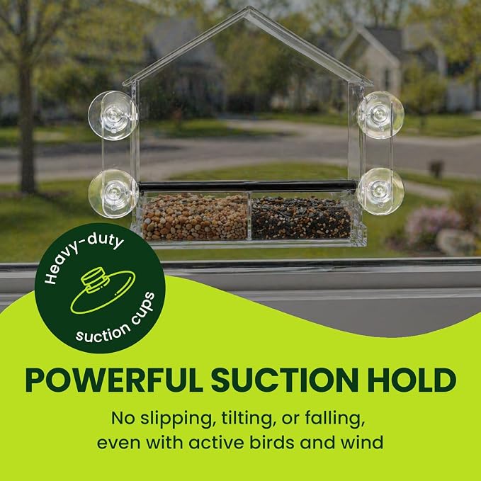 Nature Gear Window Bird Feeder with Strong Suction Cups, Clear Acrylic Window Mounted Bird Feeder, Removable Sliding Tray, Weather-Resistant, Durable, Squirrel-Resistant, Home Style
