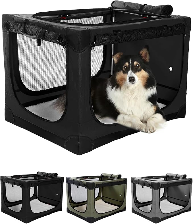 Veraste 24" L x 17" W x 17" H Collapsible Travel Dog Crate, Portable Soft Dog Kennel for Small Medium Pets up to 30 lbs, 4-Door Foldable Travel Crate with Durable Mesh & Storage Bag, Black