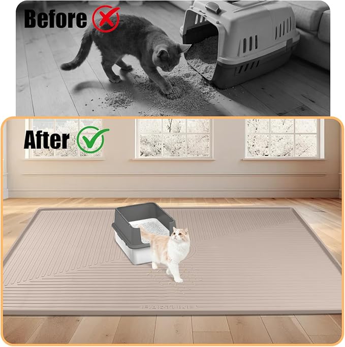 Silicone Cat Litter Mat, 50" x 36" Extra Large Litter Trapping Mat for Litter Box, Leak-Proof, Non-Slip, Kitty Litter Mats with Soft Texture for Floor, Keeping The Floor Clean (Khaki)