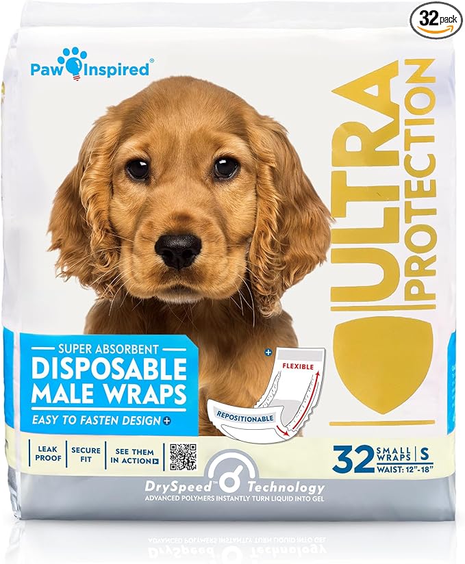 Paw Inspired Male Dog Wraps, Disposable Dog Diapers | Belly Bands for Small, Medium, Large Dogs (32 Count, Size Small)