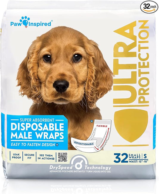 Paw Inspired Male Dog Wraps, Disposable Dog Diapers | Belly Bands for Small, Medium, Large Dogs (32 Count, Size Small)