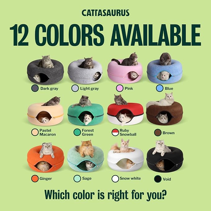 Cattasaurus Peekaboo Cat Cave Donut for Multiple & Large Cats up to 30-45 lbs, 3-in-1 Self Warming Cat Bed, Tunnel & Scratcher for Indoor Cats, Washable & Detachable Dog Bed (Forest Green, Large)