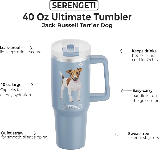 SERENGETI 40 Oz Ultimate Tumbler with Handle and Straw - Vacuum Insulated Tumbler with Straw and Lid - Stainless Steel Travel Mug for Pet Lovers - 3D Designs of your favorite Dog (Jack Russel)