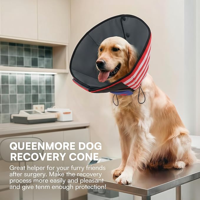 Queenmore XL Dog Cone, Soft Dog Cones for Large Dogs After Surgery, Cone for Dogs to Stop Licking, Pet Elizabethan Collar, Alternative to Recovery Collar for Pets, USAFlag XL