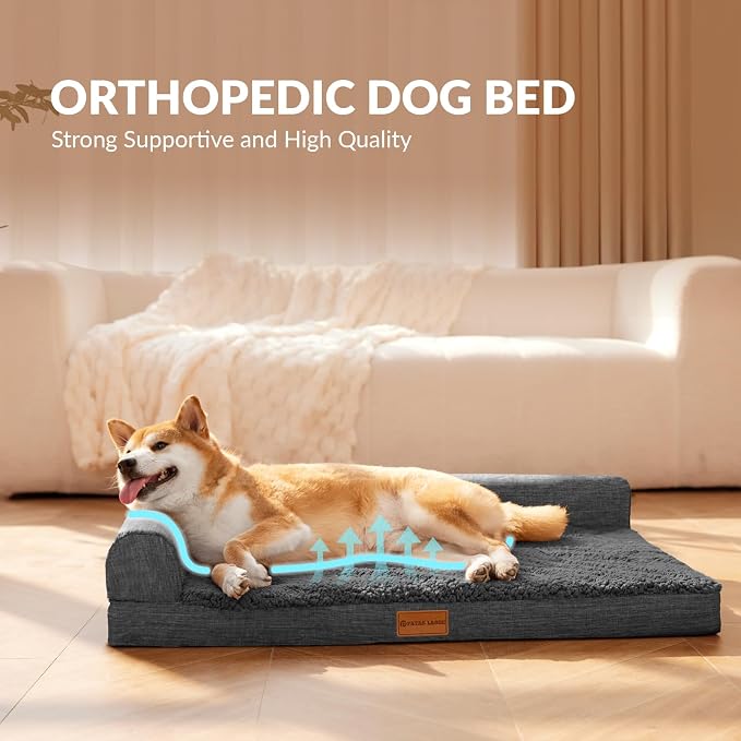 Patas Lague Orthopedic Dog Bed Large Sized Dog 36''X24'', Waterproof L Bolster Medium Pet Sofa Beds with Removable Washable Cover, Soft Pet Couch Crate Mat with Nonskid Bottom, Dark Grey