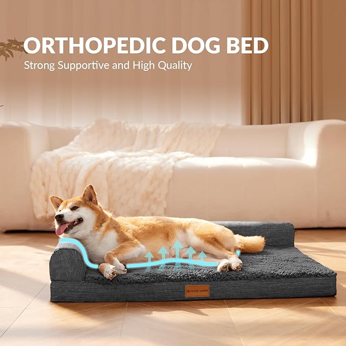 Patas Lague Orthopedic Dog Bed Medium Size Dog 30''X20'', Waterproof L Bolster Medium Pet Sofa Beds with Removable Washable Cover, Soft Pet Couch Crate Mat with Nonskid Bottom, Dark Grey
