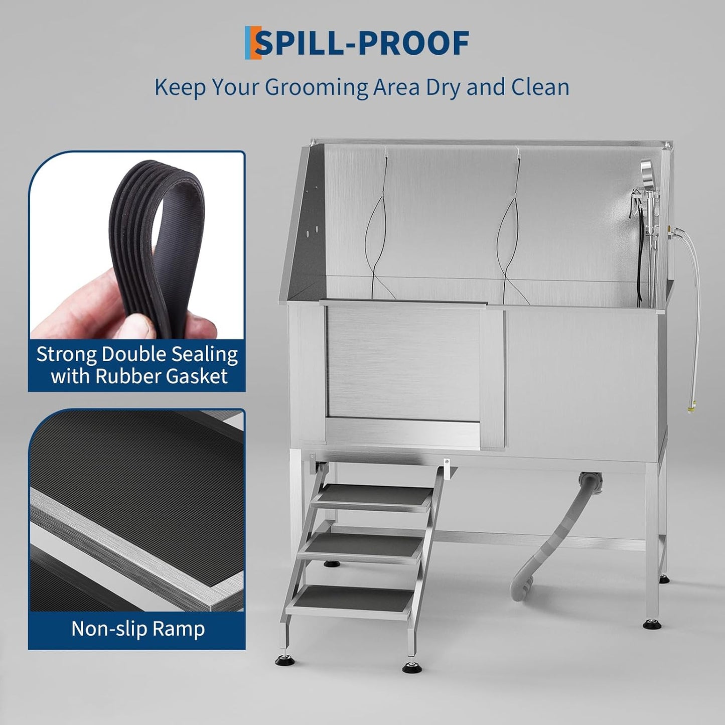 50" Stainless Steel Professional Dog Washing Station - Pet Bathing Tub w/Non-Slip Stairs | Slip-Resistant Floor Grate | for Large/Medium/Small Dogs