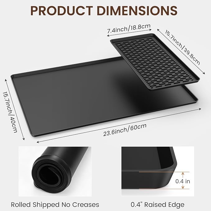 Silicone Coffee Mat Set, 24” x 16” Coffee Bar Mat for Countertop with Detachable Dish Drying Mat, Anti-Slip Countertop Protector for Espresso Machine, Heat Resistant, Rolled Ship, Black