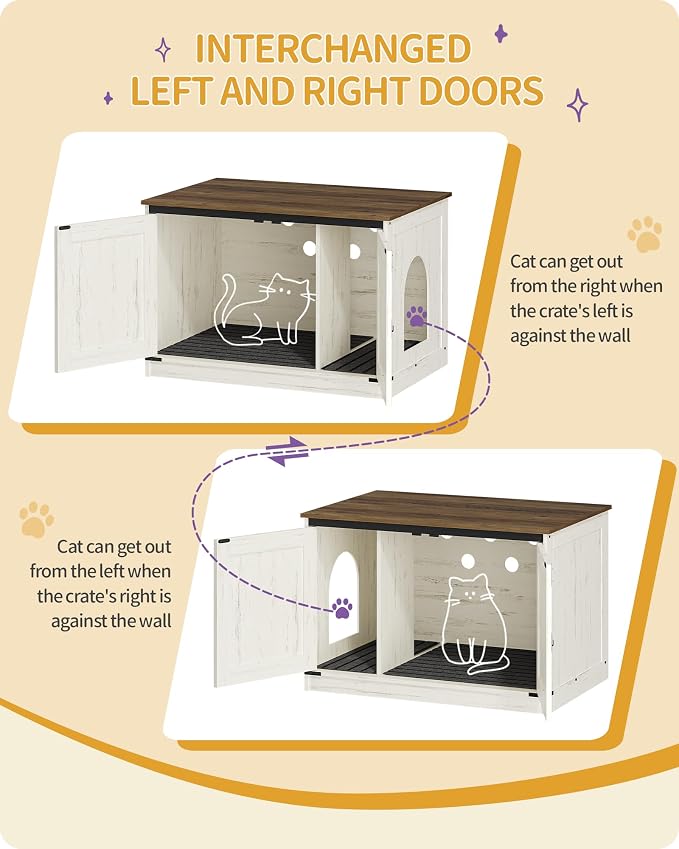 Hzuaneri Cat Litter Box Enclosure with Cushion, Hidden Litter Box Furniture with Removable Dividers, Reversible Entrance Left or Right Side, Cat House, Rustic White and Brown CB84614X