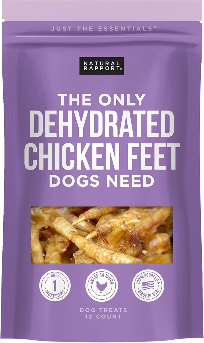 Natural Rapport Dehydrated Chicken Feet Dog Chews - Jumbo Size, Natural Glucosamine & Collagen for Joint & Dental Health (12 Count)