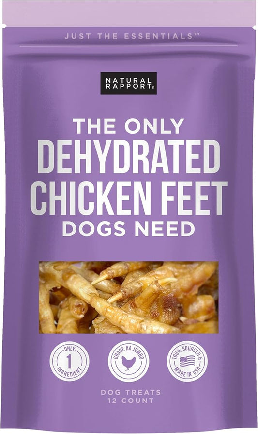 Natural Rapport Dehydrated Chicken Feet Dog Chews - Jumbo Size, Natural Glucosamine & Collagen for Joint & Dental Health (12 Count)