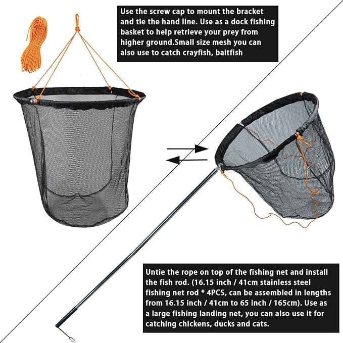Drasry Large Collapsible Bridge Pier Fishing Net Landing Net with Rod, High Load Aluminum Ring Drop Net for Saltwater and Freshwater Pier Fishing Basket with 49.2 ft. Rope