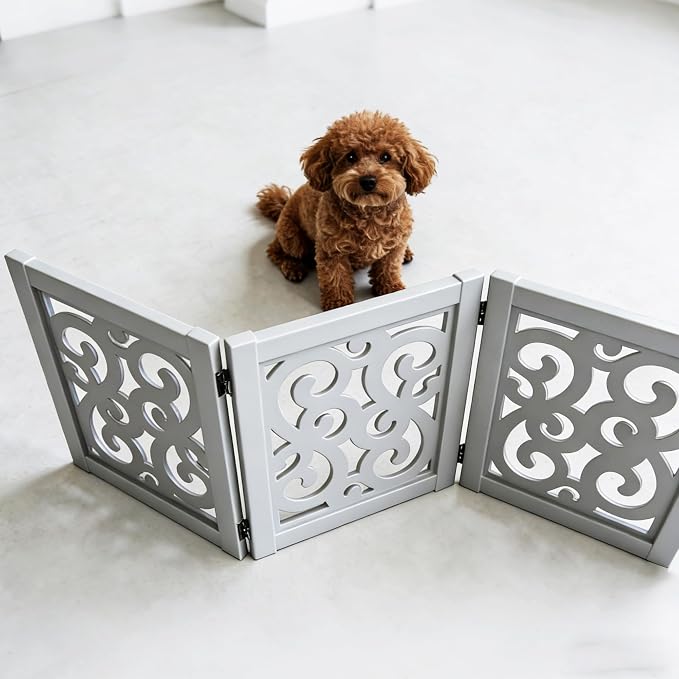 Ashfield & Harkness: 3-Panel Pet Gate - Scroll Grey - Wooden Foldable Freestanding Fence, Small Dogs & Puppy, 48 x 19.3, Indoor-Doorway-Halls-Stairs