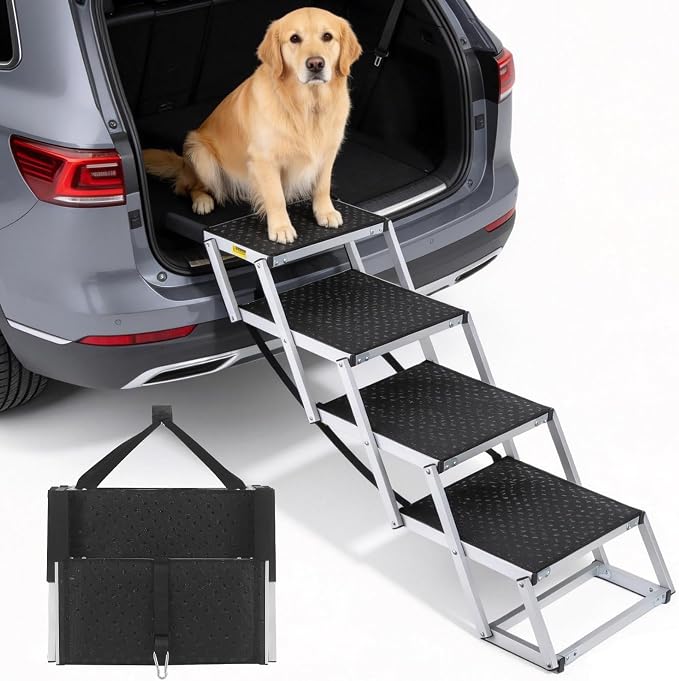 Foldable Dog Ramp for Car - Lightweight Aluminum Dog Stairs for Large Dogs, 5-Step Dogs Ladder for SUV/Truck/Indoor Bed and Sofas, Portable Pet Steps with 154 lbs Capacity
