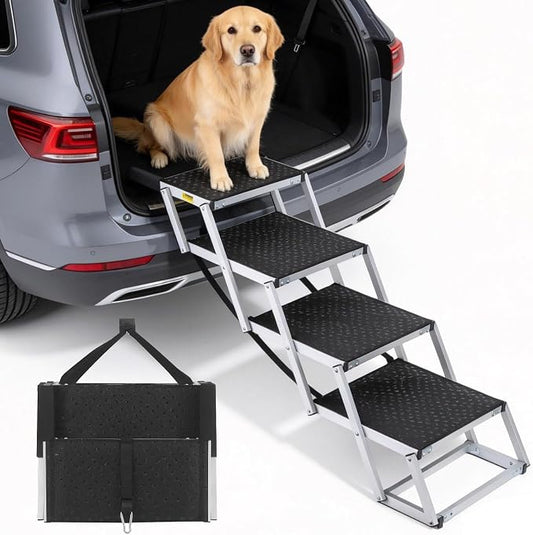 Foldable Dog Ramp for Car - Lightweight Aluminum Dog Stairs for Large Dogs, 5-Step Dogs Ladder for SUV/Truck/Indoor Bed and Sofas, Portable Pet Steps with 154 lbs Capacity