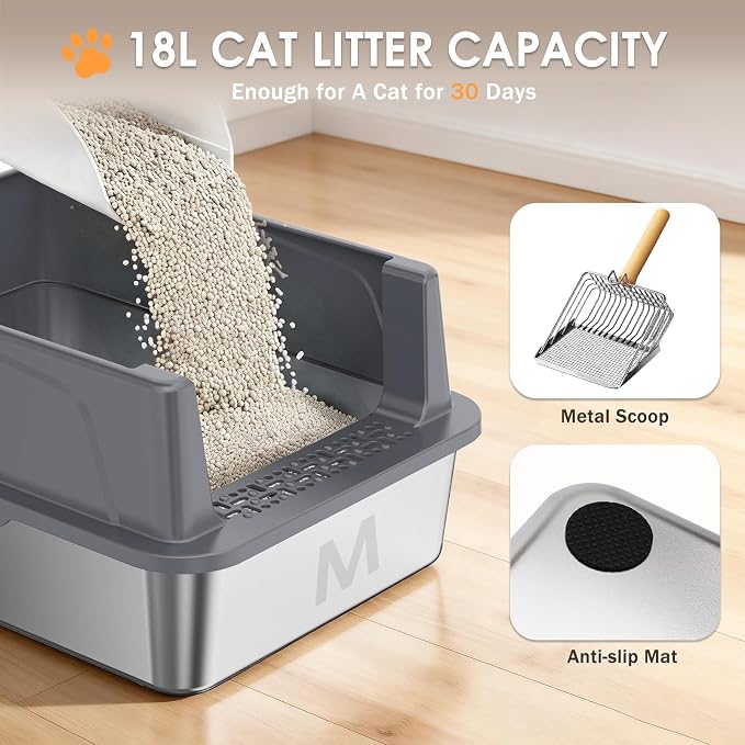 Stainless Steel Litter Box, 17.4'' x 13.5'' x 8.5'' Metal Kitty Litter Box for Small Cats Kitten High Sided Litter Boxs with Scoop Open Top Low Entry Easy to Clean Non-Sticky Anti-Leakage
