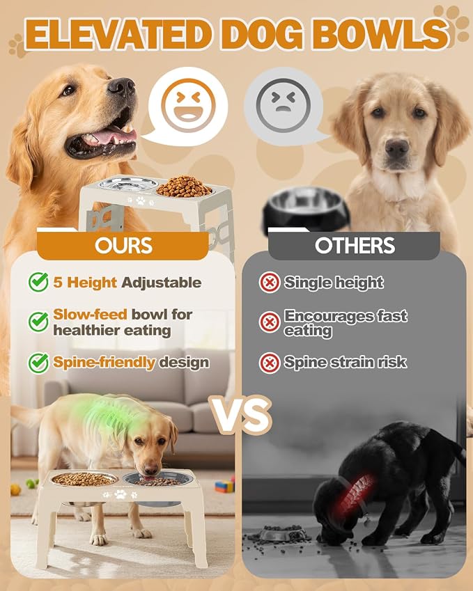 Jovrun Elevated Dog Bowls for Medium Large Dogs with Mat, Non-Slip Dog Feeder with 1*Stainless Steel Dishes & 1*Slow Feeder Bowl, 5 Heights Adjustable Raised Bowls for 3.15″-8.66″-9.84″-11.02″-12.2″