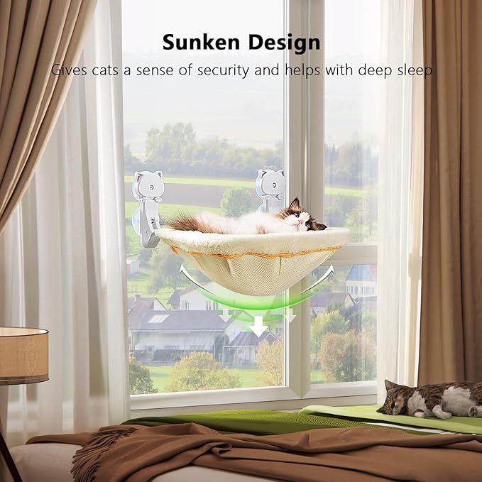 JUNSPOW Cat Window Perch Cordless, Foldable & Stable Cat Beds- Breathable Cat Window Hammock for Overlooking, Sunbathing and Climbing - Maximum Hold Up to 40lb(Cream)