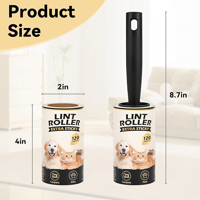 Extra Sticky Lint Rollers for Pet Hair Removal, 3.9 Inch Rolls Size 8 Rollers 960 Sheets (120 Sheets/Roll), Pet Hair Lint Roller for Clothes Furniture Carpets Dog Cat Fur