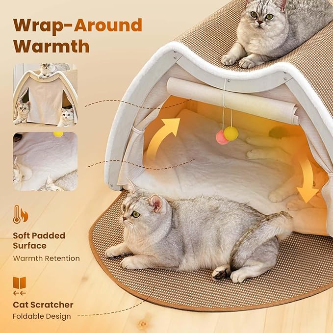 Cat Houses for Indoor Cats - Large Cat Bed Cave with Natural Sisal Cat Scratcher Mat, Solid Wood Frame Cat House with Curtains and Cat Floor Scratching Pad Rug, Protect Couch and Carpets, L
