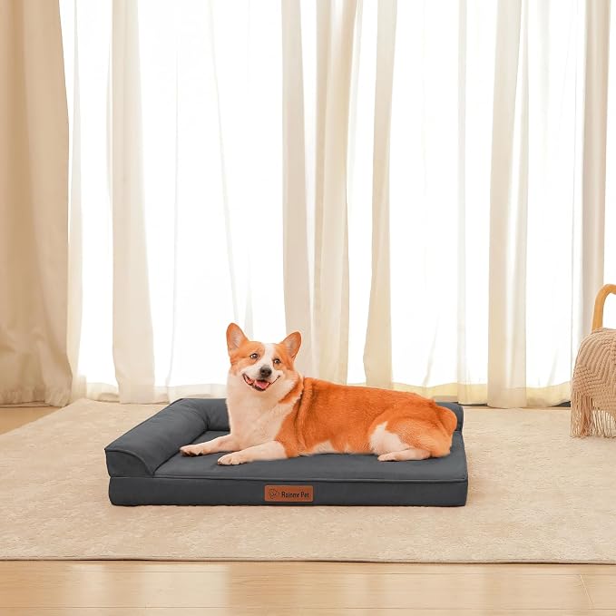 Rainmr Orthopedic Dog Bed for Large Dogs, 36"x27"x6" Memory Foam Pet Bed with Washable Microsuede Cover, TPU Waterproof Liner & Nonskid Bottom, for Indoor, Outdoor, Crate ＆ Car Use, Dark Grey