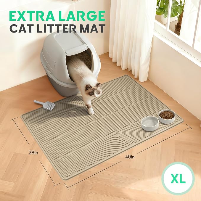 Pawtasy Cat Litter Box Mat,40" x 28" Extra Large Silicone Waterproof Litter Trapping Mat for Scatter Control Soft on Kitty Paws Non-Slip Easy to Clean