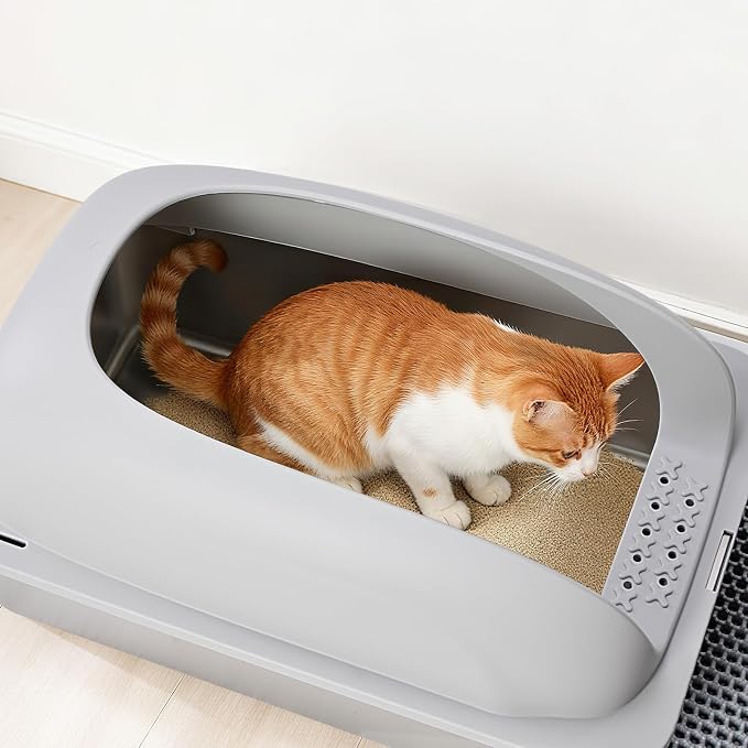 OLIXIS Stainless Steel Cat Litter Box with Lid, Large Cat Litter Box for Big Cats, High Wall Sides, Anti-Urine Leakage, Easy Cleaning, Scoop and Mat Included, Easy Cleaning, Light Gray