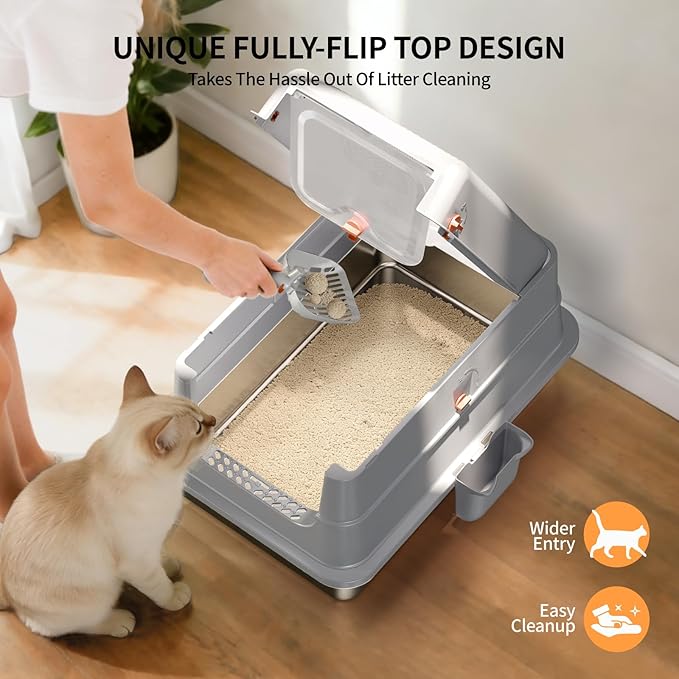 Stainless Steel Cat Litter Box with Lid, Extra Large Enclosed Metal Litter Pan with High Sides, Full Flip Cover Litter Box for Large Cat, Include Scoop & Step, Leak Proof Easy Clean Odor Control, Grey
