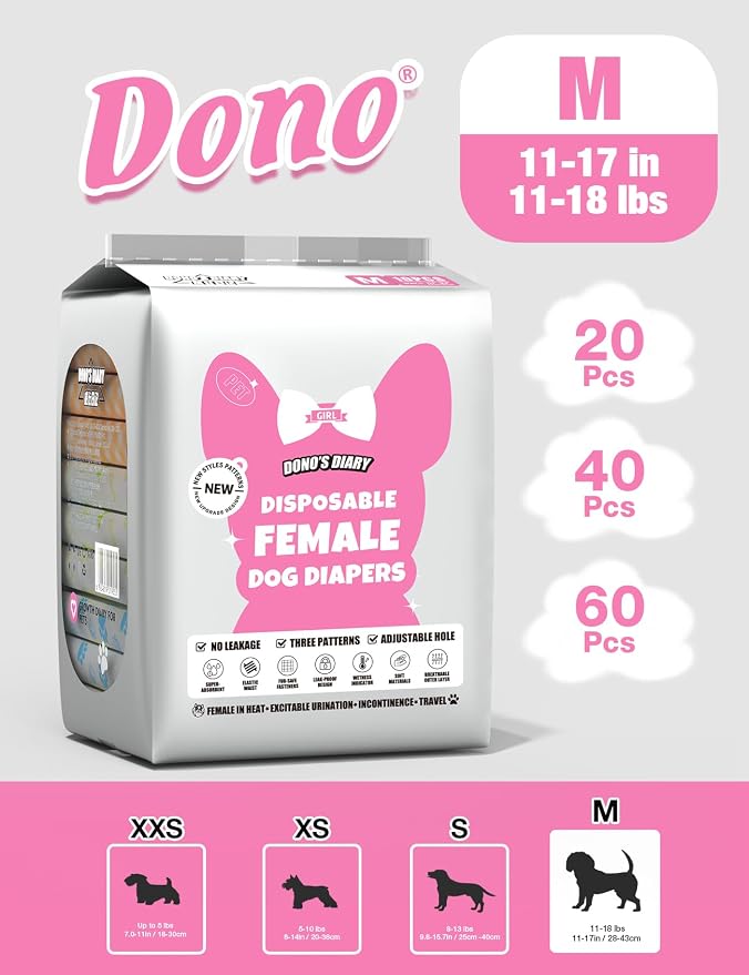 Dono Dog and Cat Diapers Female-60PCS, Disposable Female Dog Period Diaper for Heat with Wetness Indicator, Super Absorbent Doggie Puppy Diapers Female for XXS,Small Medium Large Dogs
