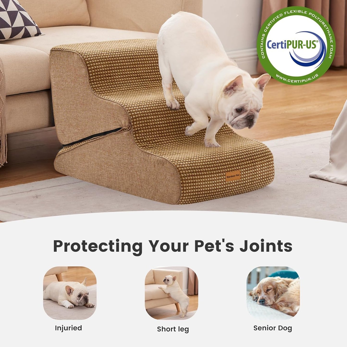Gardner Pet Dog Stairs for Small Dogs 16.5" H, 2 in 1 Transformable 3-Step Pet Stairs and Dog Ramp for Couch (13-20 in), Brown Adjustable Pet Steps with Non-Slip Waterproof Cover and CertiPUR-US Foam