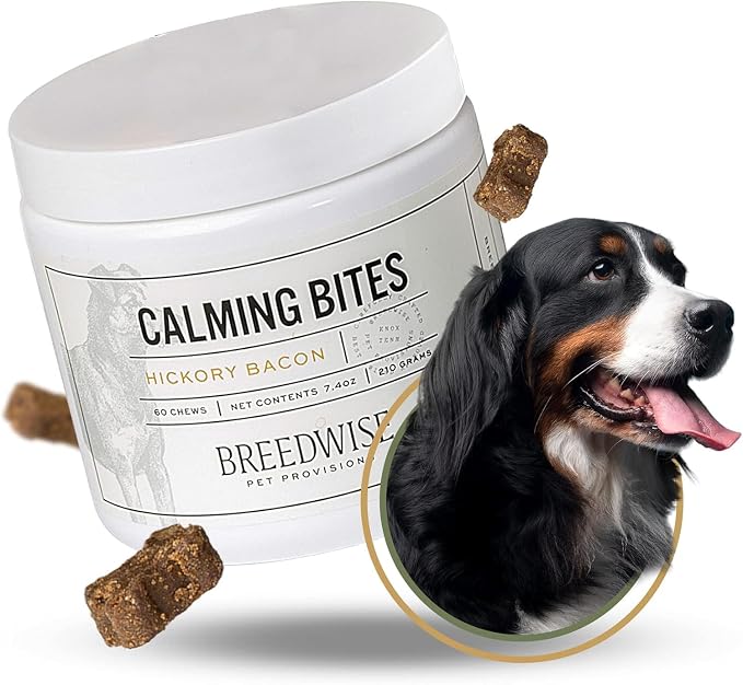 Dog Calming Treats, All Natural Holistic Dog Anxiety Relief Bites, Hickory Bacon Flavor, Stress Reducing, 210g (60 Chews, Hickory Bacon) (60 Chews with Premium Metal Tin)