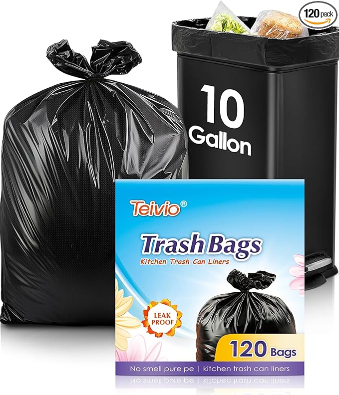 Teivio 10 Gallon 120 Counts Medium Trash Bags Garbage Bags, Bathroom Trash Can Bin Liners, Plastic Bags for home office kitchen garden, Black