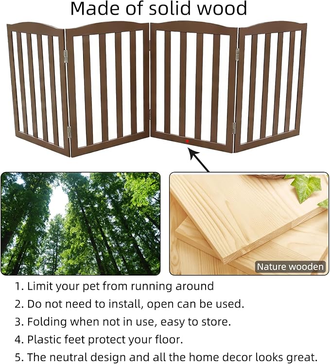 Freestanding Dog Gate Indoor,Doggie Gate Foldable Pet Gates for Doorways,Stairs or Hallways, Wooden Brown Pet Gate for the House, Pet Fence,24 "Height-4 Panels