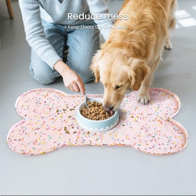 PWTAA Dog Food Mat Anti-Slip Silicone Dog Bowl Mat Thicker Pet Placemat Waterproof Cat Feeder Pad with Raised Edge Puppy Kitten Feeding Mats Suitable Small Medium-Sized Dogs Cats Eating Tray