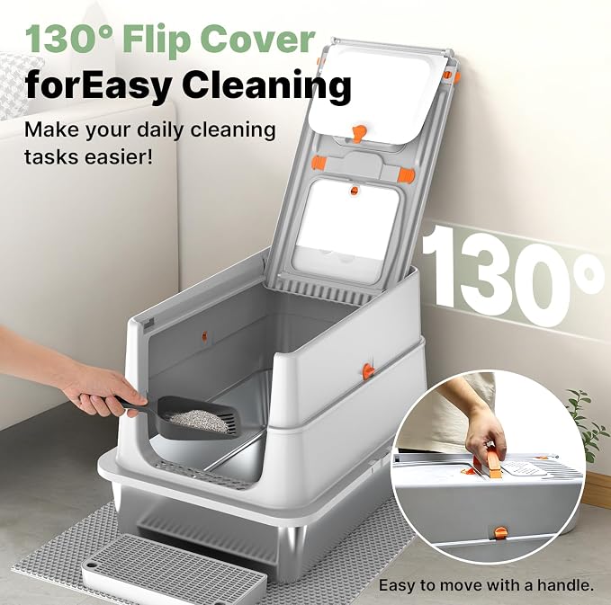 Stainless Steel Litter Box with Flip Lid, XL Extra Large Cat Litter Box with High Sided Top Entry Design, Anti-Leakage Enclosed Metal Litterbox for Big Cats, with Handle, Mat, Pedal & Scoop Light Grey