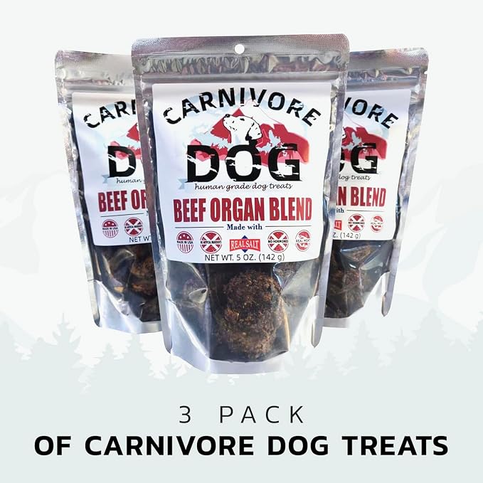 Carnivore Dog Treats, Human Grade, Grass-Fed Beef Liver, Heart & Kidney Made with Redmond Real Salt, No Additives, Healthy, Chewy, Training Snack for All Breeds, Beef Organ Blend, Pack of 3