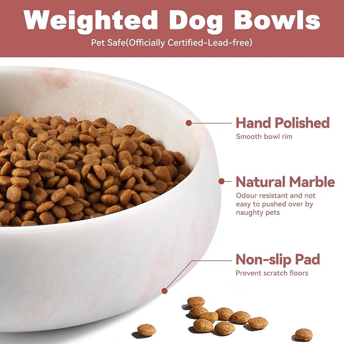 Karibiber Marble Dog Bowl, 6lbs Weighted Dog Food Bowl, Non-Slip Large Heavy Water Bowls, Cute Pink Stone Food and Water Dish for Large Dogs, Natural Marble, Easy to Clean, Holds 6 Cups